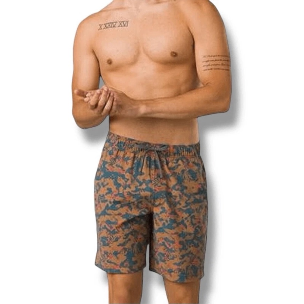 prAna Metric E-Waist Brown Board Shorts Mens Sz Large Fresca Camo 8" Cc4